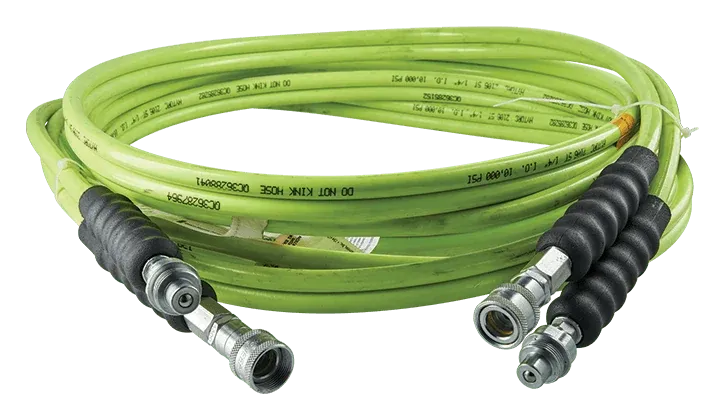 Coiled green HYTORC hydraulic hose with quick couplers and protective sleeves